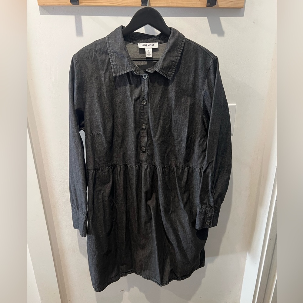 Nine West Charcoal Denim Babydoll Shirt Dress Pockets Size XL